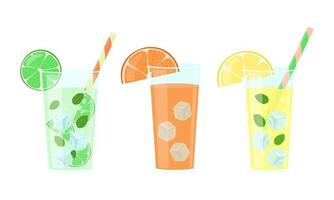 Conjunto de bebidas cítricas. limonada, jugo de naranja y mojito en vasos vector