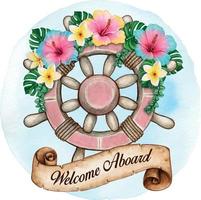 Watercolor helm decorated with tropical flowers and scroll banner vector