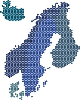 Hexagon shape Nordic counties map on white background.