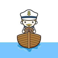 Cute captain driving boat cartoon icon illustration vector