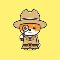 Cute shiba inu detective holding magnifier cartoon icon illustration vector