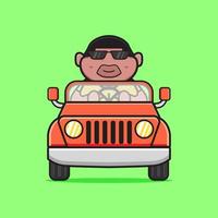 Cute fat boy driving car cartoon icon illustration vector