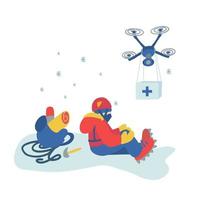 Illustration of an injured climber and a drone with first aid kit. vector