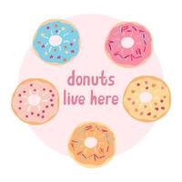 Set of tasty colorful donuts on the pink circle.