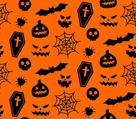 Seamless repeating pattern with Halloween symbols. silhouettes