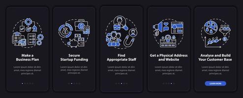 Startup launch steps dark onboarding mobile app page screen vector