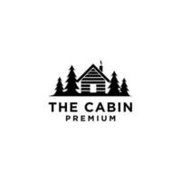 cabaña de madera premium y bosque de pinos diseño de logotipo negro vector retro