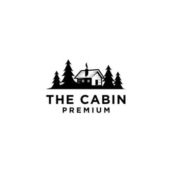 premium wooden cabin and pine forest retro vector black logo design