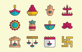 Diwali Festival of Lights Flat Colorful Icon Set vector
