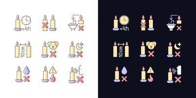 Candle safety regulations light and dark color manual label icons set vector