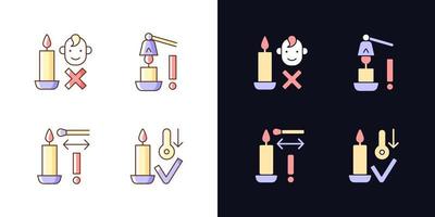 Quemar velas de forma segura conjunto de iconos de etiqueta manual de color claro y oscuro vector