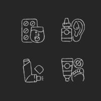 Improving disease symptoms chalk white icons set on dark background vector