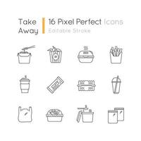 Takeaway food packages pixel perfect linear icons set vector