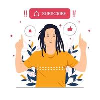 A man with dreadlocks hairstyle pointing subscribe button illustration vector