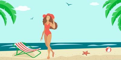 Summer illustration of a woman in a swimsuit by the sea.