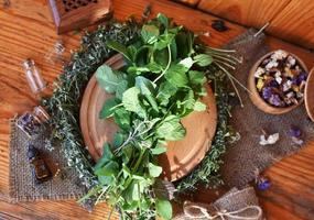 Harvested mint in pagan witch decorations photo