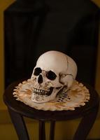 Old male skull on the table. Skull for the ritual. photo