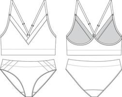 Seamless underwear set. V-neck bralette and bikini panty flat sketch vector