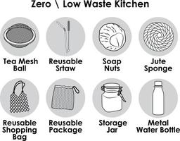 Eco friendly zero waste kitchen tool icons. Jar reusable bag tea ball vector