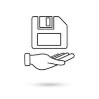 Hand holding Floppy disk or save flat vector icon for websites.