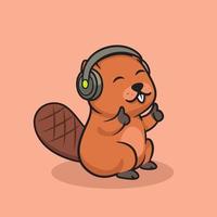 Cute beaver using headset illustration vector