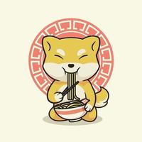 lindo perro shiba inu comiendo ramen vector