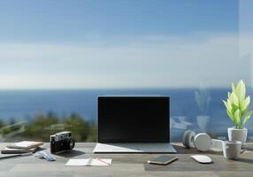 Office room with laptop on the table, 3D style. photo