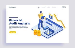 Concepto isométrico de administración financiera y auditoría con carácter. vector