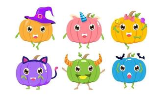 Halloween Cute Pumpkins cartoon character design. Set of happy squash vector