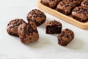 Dark chocolate brownies topped by chocolate chips photo