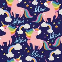 Seamless pattern with unicorns clouds stars rainbows hearts