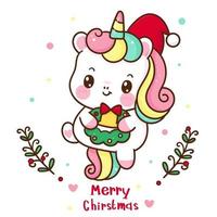 Cute unicorn cartoon kawaii vector wear santa hat Christmas wreath