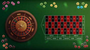 Realistic casino roulette green table with poker chips, top view vector