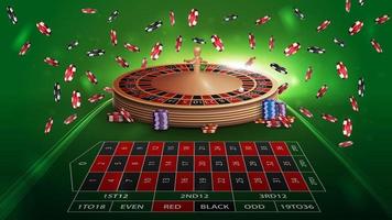 mesa de ruleta de casino verde en perspectiva con fichas de póquer. vector
