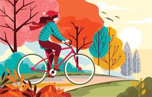 andar en bicicleta en el parque en la temporada de otoño vector