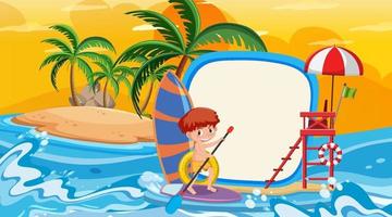 Empty banner template with kids on vacation at the beach sunset scene vector