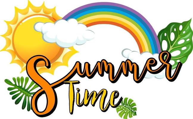 Summer Time banner with sun and rainbow in cartoon style isolated