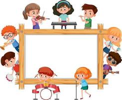 Marco de madera vacío con niños tocando diferentes instrumentos musicales. vector