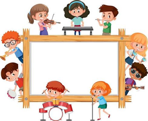 Empty wooden frame with kids playing different musical instruments