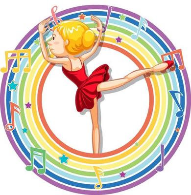 Ballerina in rainbow round frame with melody symbols