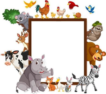 Empty wooden frame with various wild animals