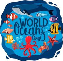 World Ocean Day banner with many different sea animals vector