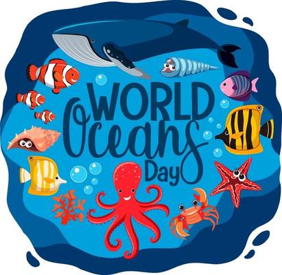 World Ocean Day banner with many different sea animals