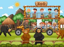 Children on tourist car watching bear group in the zoo scene vector