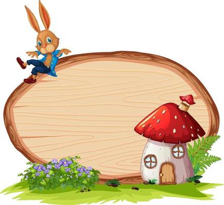 Empty wooden banner in the garden with a rabbit isolated