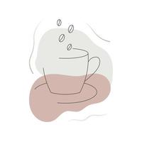 A cup of coffee with coffee beans in pastel colours in linear style. vector