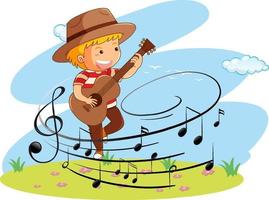 Cartoon doodle a boy playing guitar with melody symbols vector