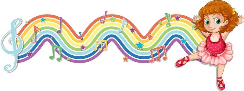 Ballerina with melody symbols on rainbow wave