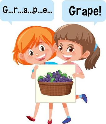 Cartoon character of two kids spelling fruit vocabulary