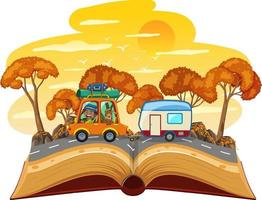 Open book with travelling car on the road in the desert scene vector